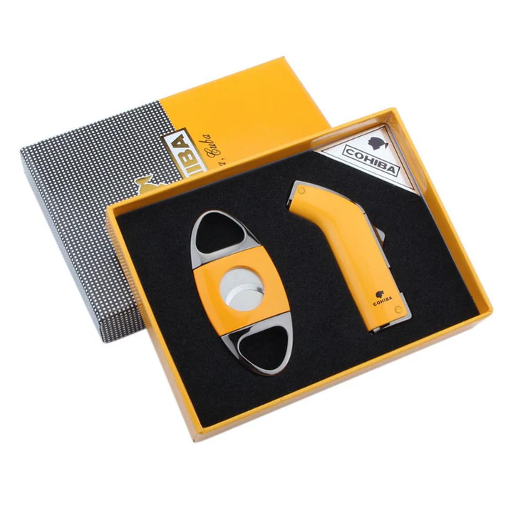 COHIBA WINDPROOF 2 TORCH JET FLAME CIGAR LIGHTER CUTTER SET